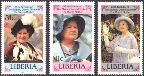 Liberia 1985 85th Birthday of Queen Elizabeth, The Queen Mother Stamps Liberia 1985 85th Birthday of Queen Elizabeth, The Queen Mother Stamps